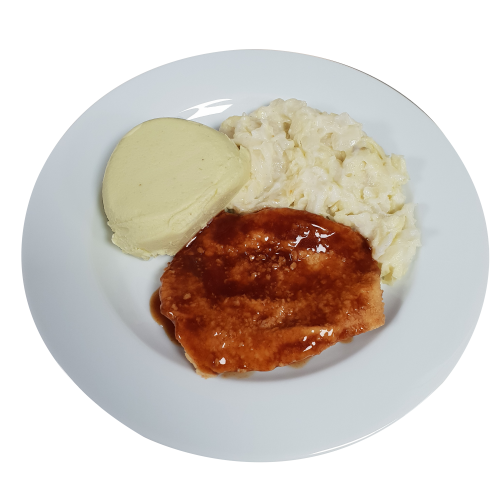 Kipschnitzel. kippenjus. Chinese kool met saus, Aardappelpuree